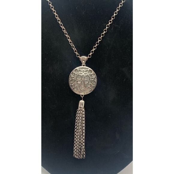 Vintage Charming Charlie Silver Tone Round Statement Tassel Pendant Necklace - Picture 3 of 7